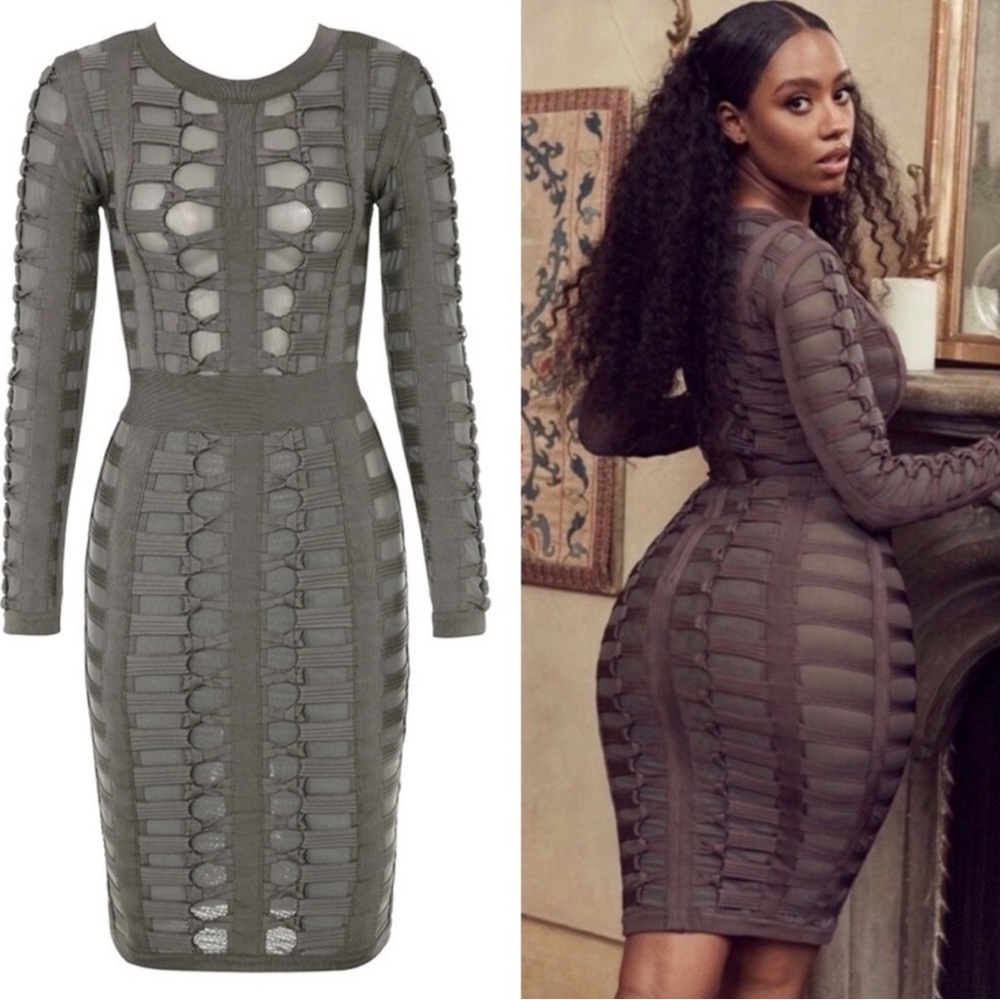 HOUSE OF CB Lola Brown Sheer Bodycon Bandage Woven Long Sleeve Dress Small